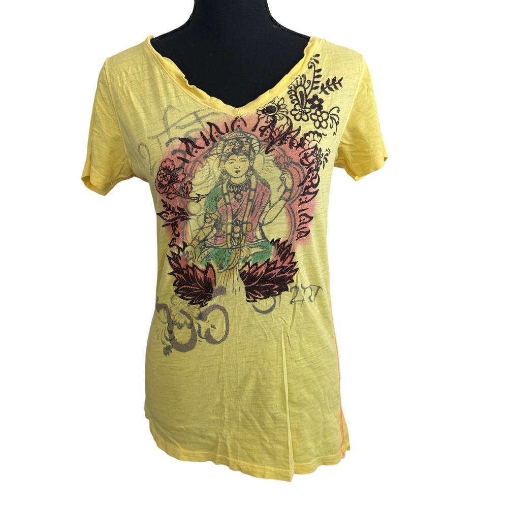 Y2K Lucky Brand Yellow Lakshmi Goddess Graphic Tee M Boho Tattoo Art